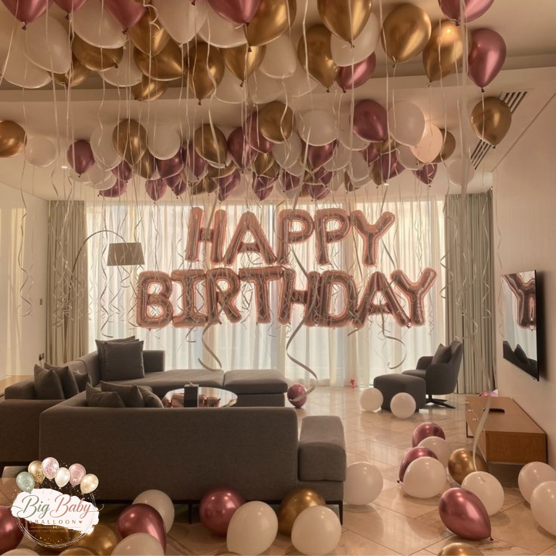 Rose gold birthday room decor